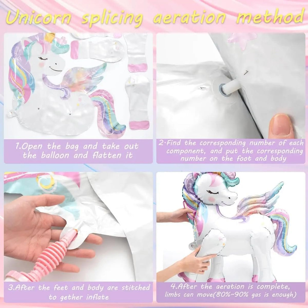Four-panel infographic showing how to assemble and inflate a 3D unicorn balloon.
