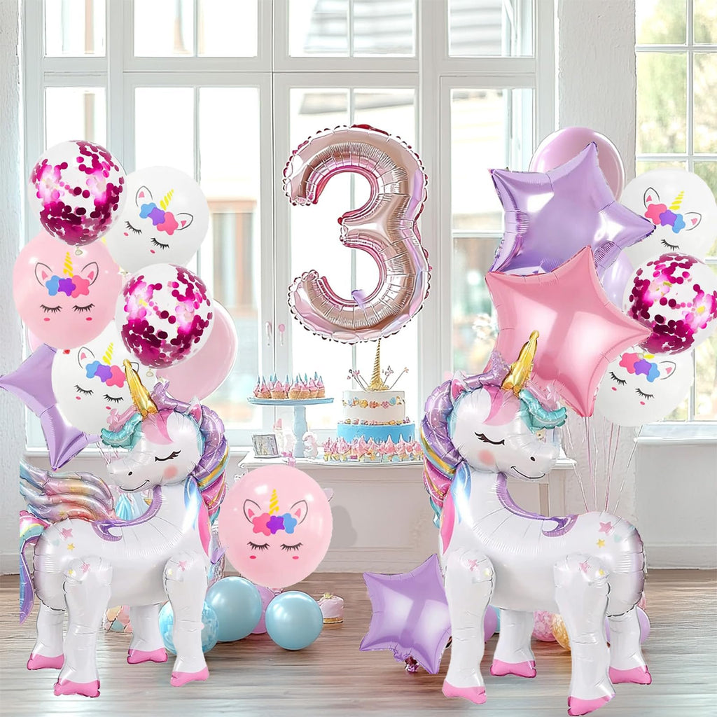 Unicorn balloon kit with two large unicorn foil balloons, a number 3 balloon, star balloons, and printed latex balloons.