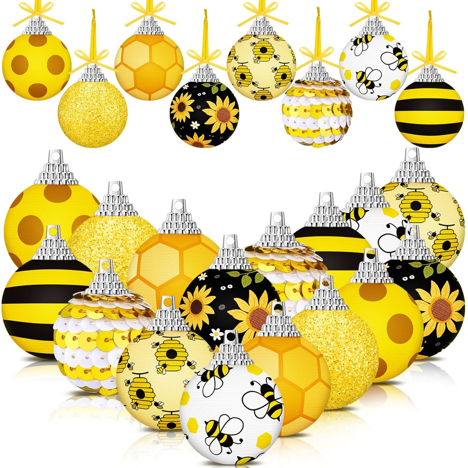 Collection of 16 yellow and black bee and sunflower themed round hanging ornaments with silver caps and yellow ribbons.