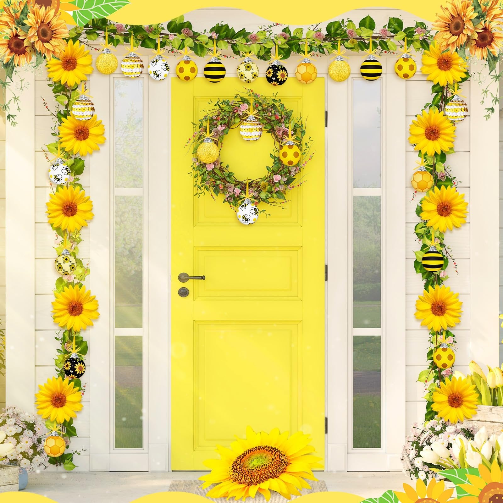 Yellow door decorated with sunflowers, garland, and bee-themed ornaments for a festive outdoor display.