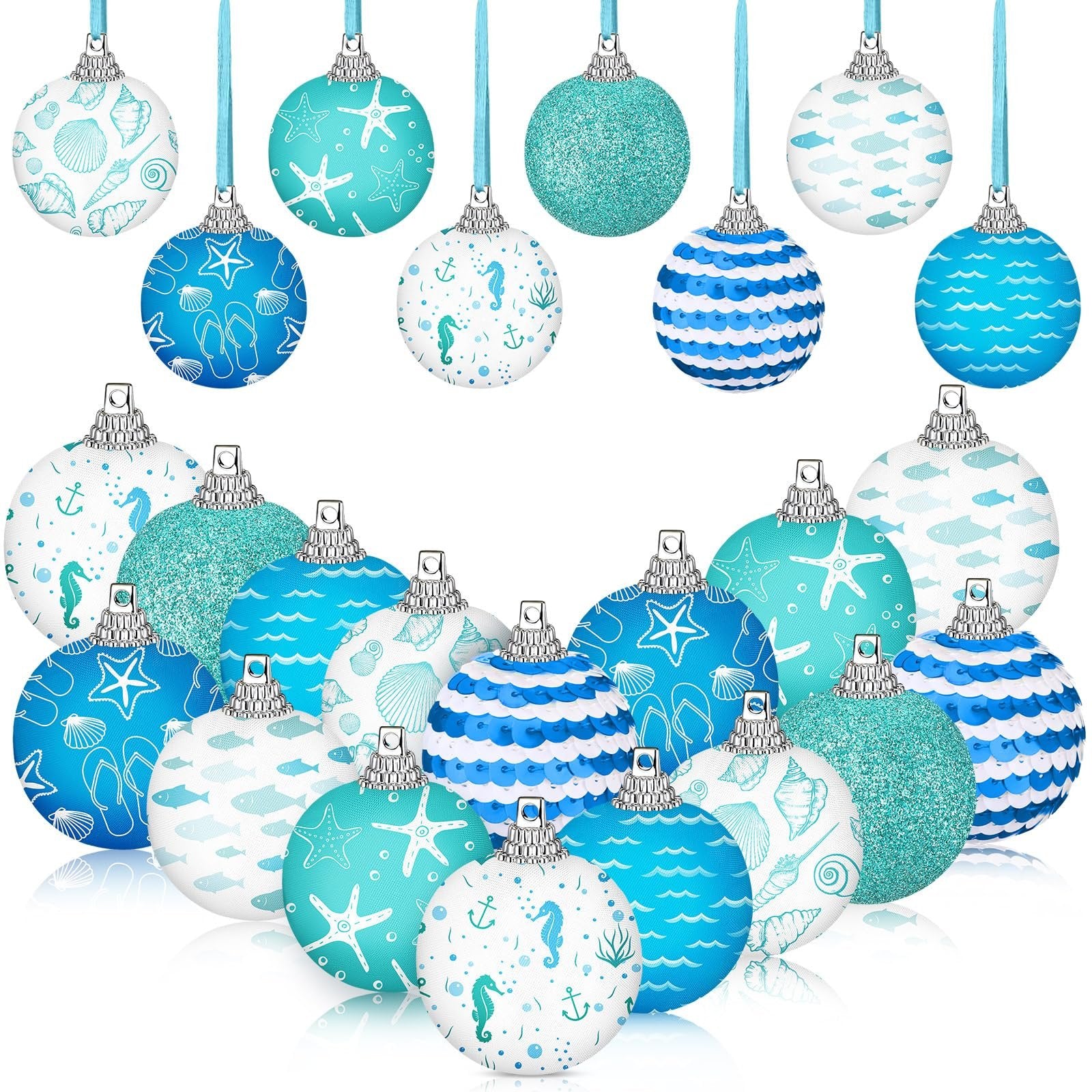 Collection of 16 coastal beach ball ornaments with ocean-themed designs and ribbon hangers.