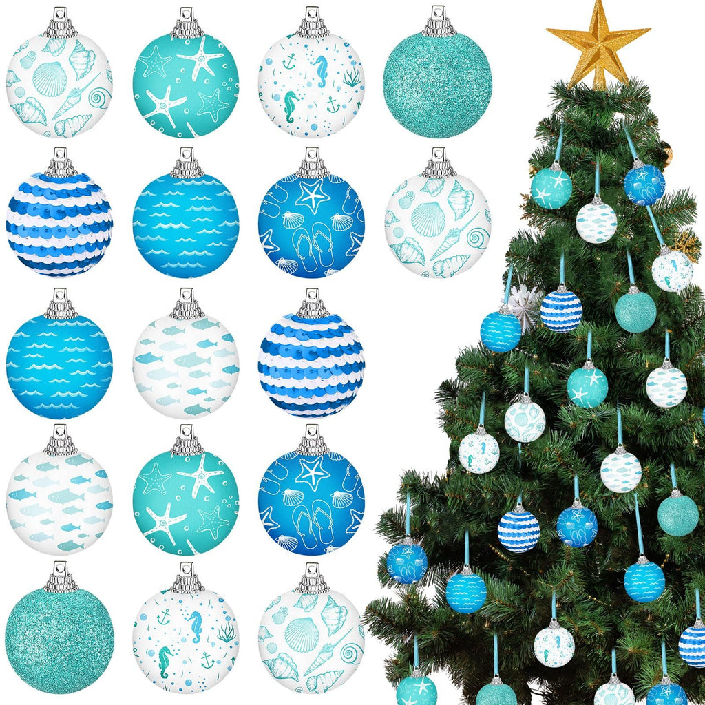 Coastal beach ball ornaments with ocean designs displayed on a Christmas tree and a white background.
