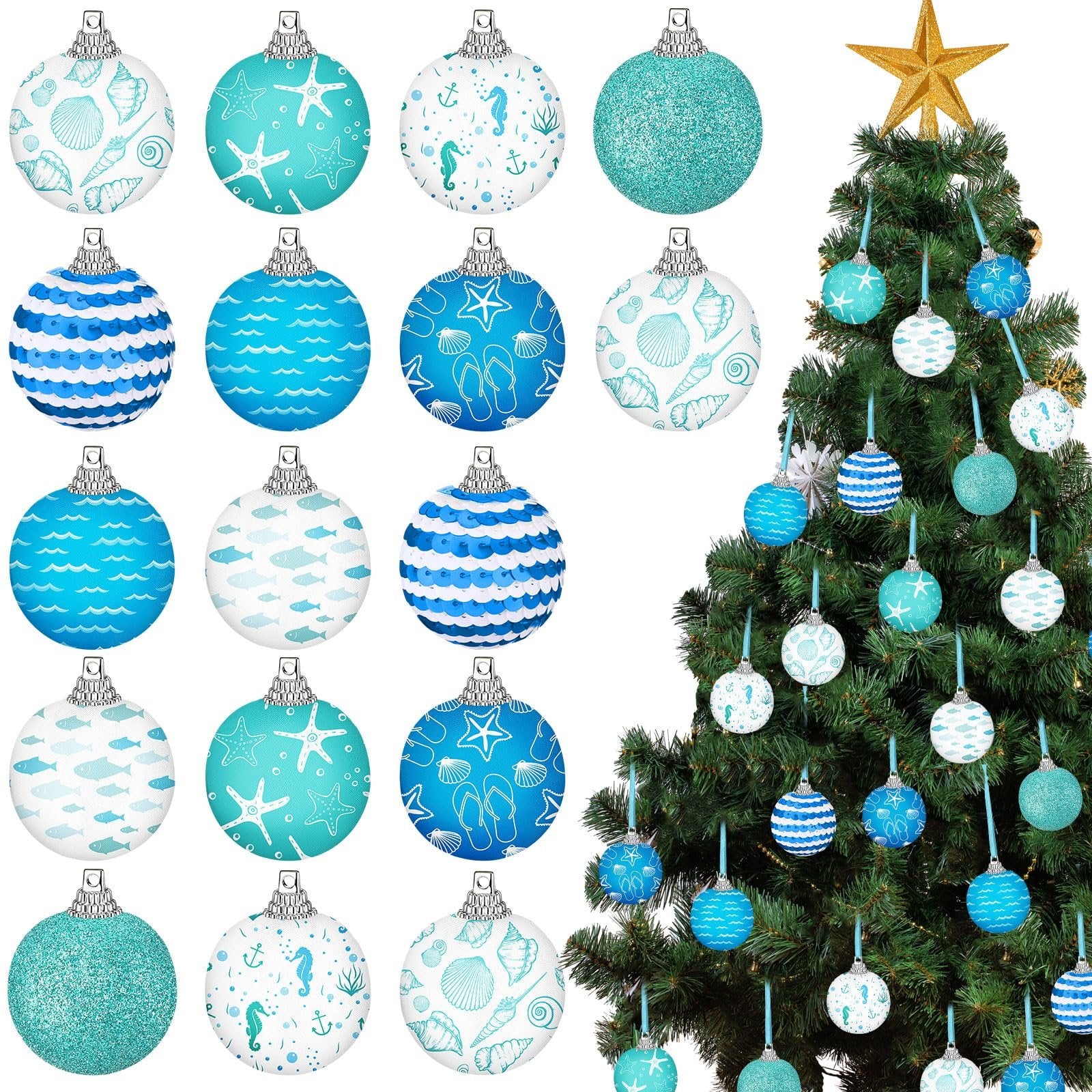 Coastal beach ball ornaments with ocean designs displayed on a Christmas tree and a white background.