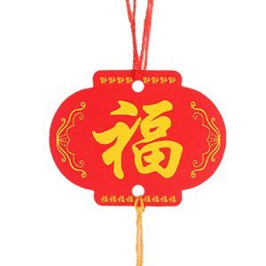 Red hanging lantern decoration with yellow Chinese character for fortune and smaller characters below