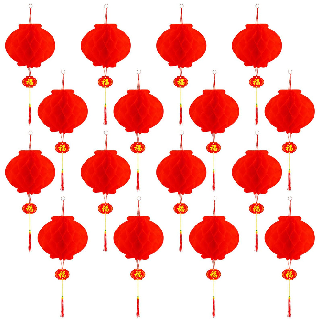 Set of 16 red honeycomb paper lanterns with gold tassels and 'Fu' character charms, arranged in a grid on a white background.
