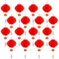 Set of 16 red honeycomb paper lanterns with gold tassels and 'Fu' character charms, arranged in a grid on a white background.