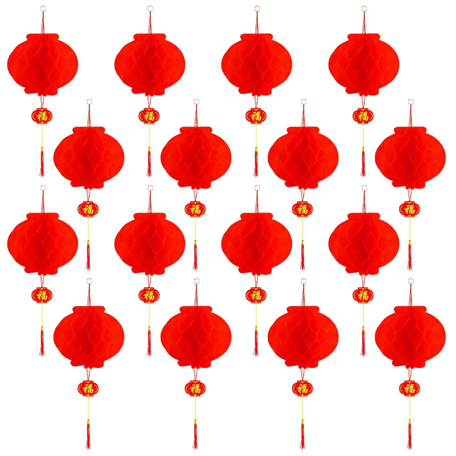 Set of 16 red honeycomb paper lanterns with gold tassels and 'Fu' character charms, arranged in a grid on a white background.