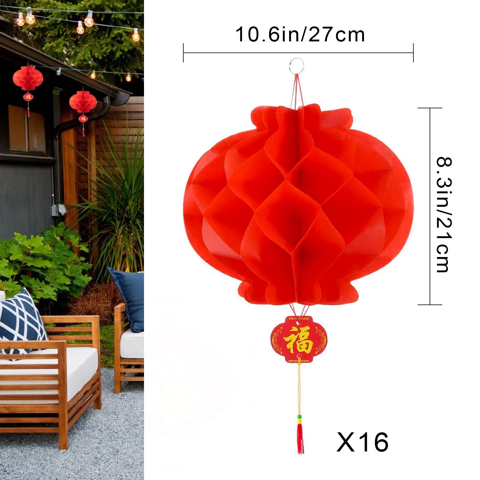 Red hanging paper lantern with Chinese characters and tassel, shown with dimensions and quantity.