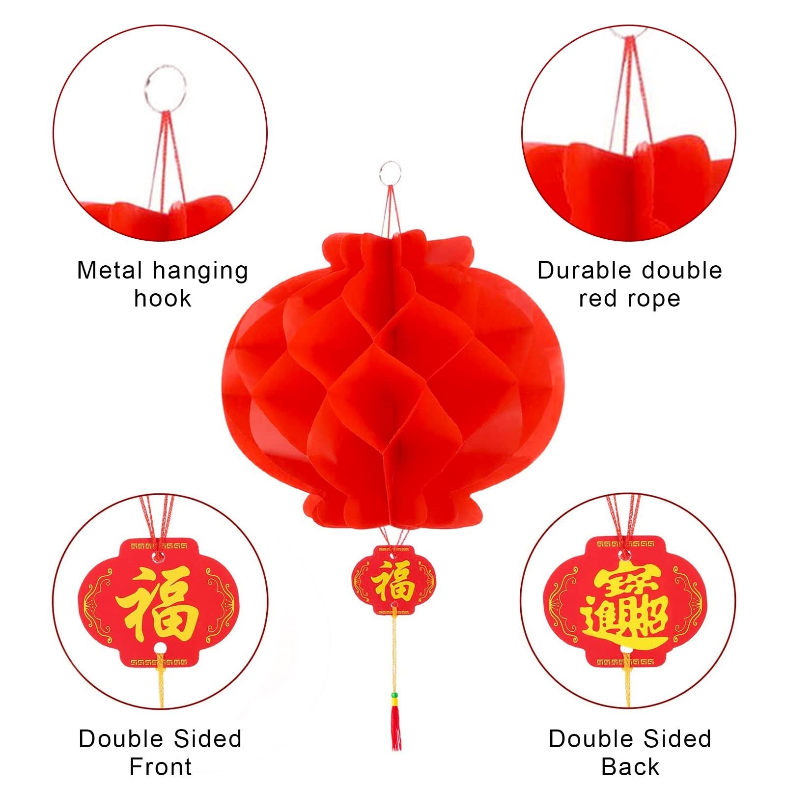 Red paper lanterns with Chinese characters, showing metal hook and rope details.