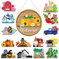 Collage of seasonal interchangeable door sign icons including a mailbox, snowman, bunnies, Santa, truck, pumpkins, turkey, gnome, graduation, Halloween, home, beach, and shamrocks.