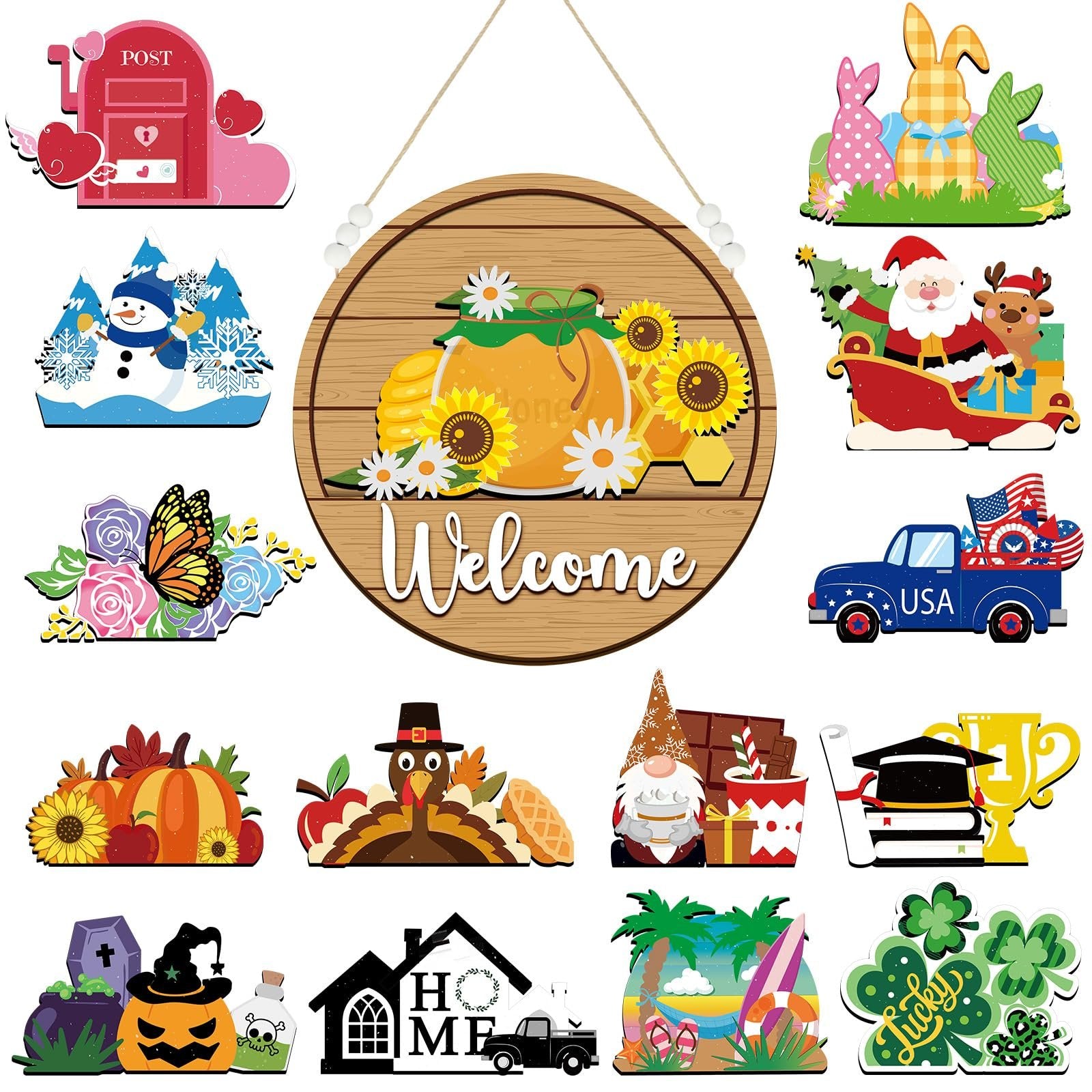 Collage of seasonal interchangeable door sign icons including a mailbox, snowman, bunnies, Santa, truck, pumpkins, turkey, gnome, graduation, Halloween, home, beach, and shamrocks.