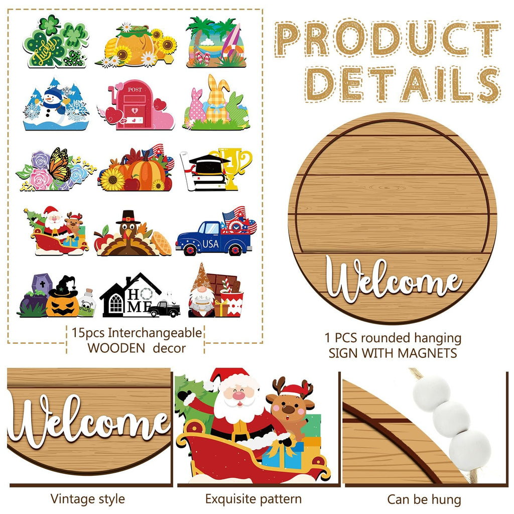 Collage of interchangeable wooden seasonal decor icons and a welcome sign with product details.