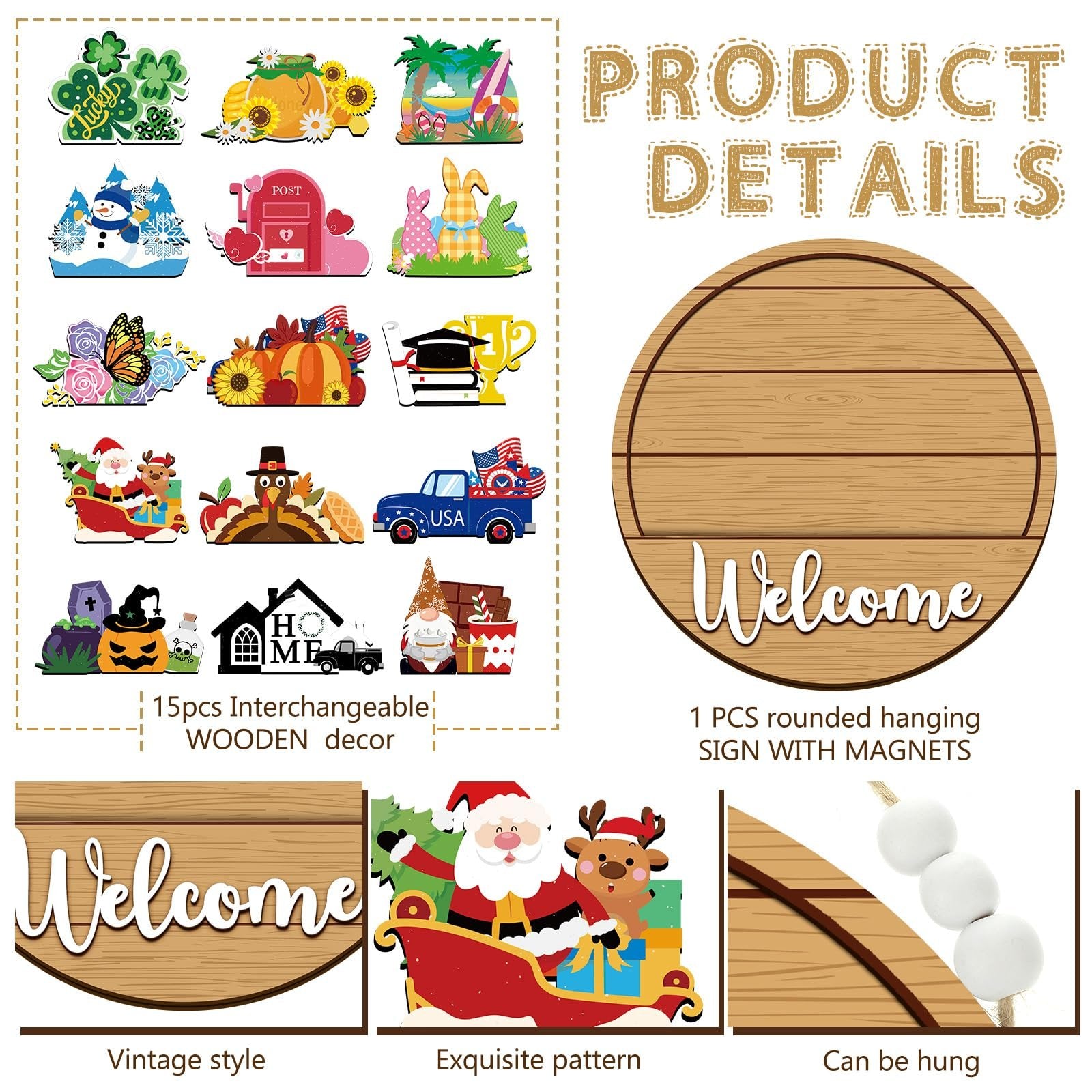 Collage of interchangeable wooden seasonal decor icons and a welcome sign with product details.