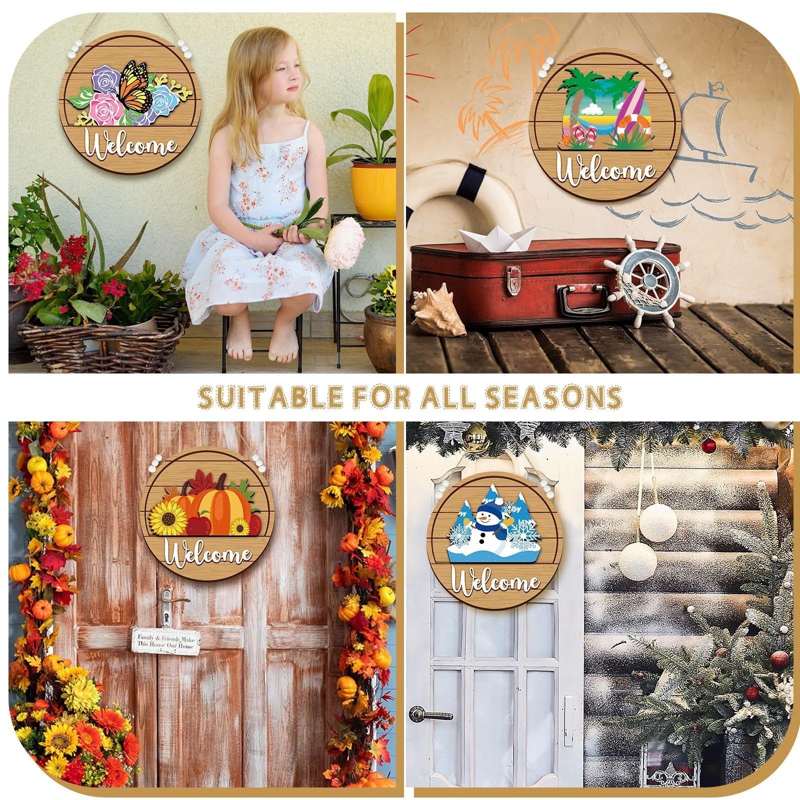 Collage of four seasonal welcome door signs: butterfly, beach, pumpkin, and snowman themes. A girl sits by the butterfly sign.