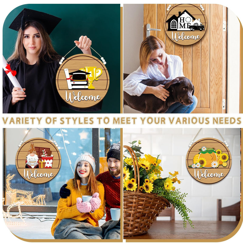 Collage of four welcome door signs with different seasonal themes and lifestyle scenes.