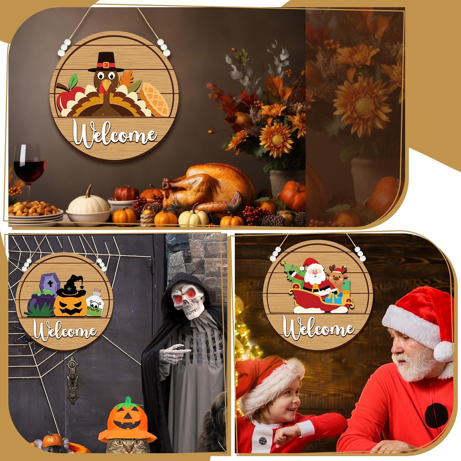 Collage of seasonal welcome door signs with Thanksgiving, Halloween, and Christmas themes, displayed in lifestyle settings.