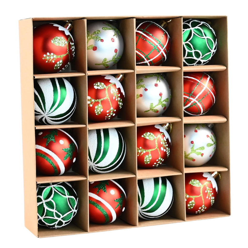 Box of 16 shatterproof Christmas ball ornaments in red, white, green, and silver with glittery designs.