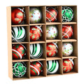 Box of 16 shatterproof Christmas ball ornaments in red, white, green, and silver with glittery designs.