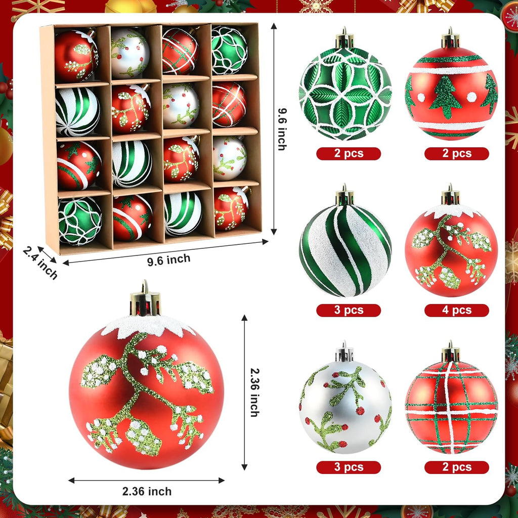 Set of 16 shatterproof Christmas ball ornaments in a box and displayed individually with dimensions.