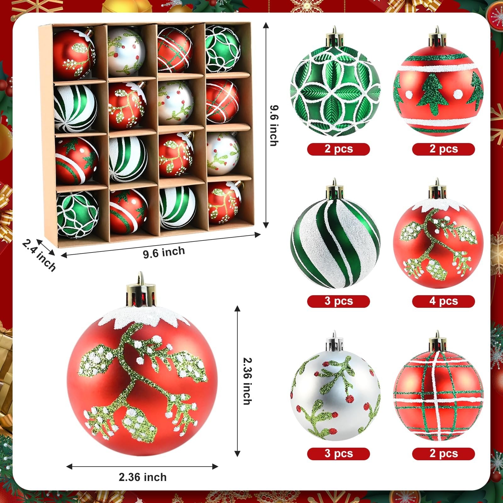 Set of 16 shatterproof Christmas ball ornaments in a box and displayed individually with dimensions.