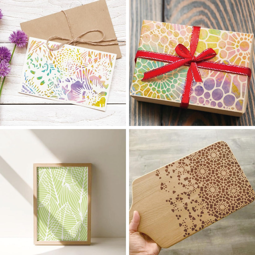 Four collage images showing abstract texture stencils used for painting on a card, gift wrap, framed art, and a wooden board.
