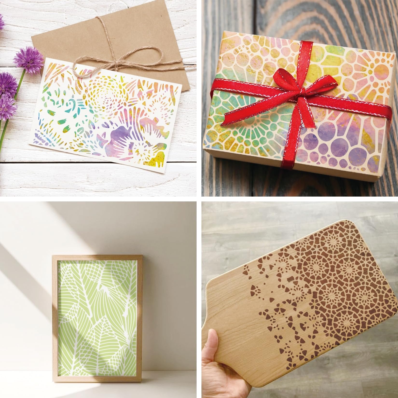 Four collage images showing abstract texture stencils used for painting on a card, gift wrap, framed art, and a wooden board.