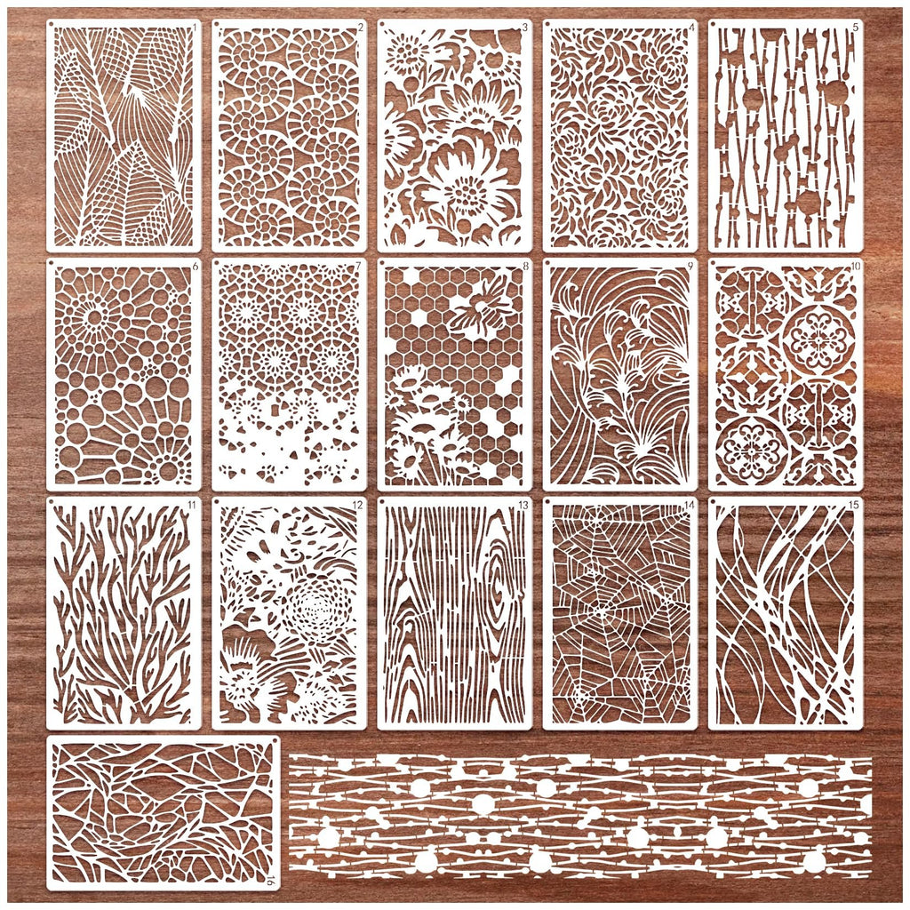 Collection of 16 white abstract texture painting stencils with various patterns on a wood background