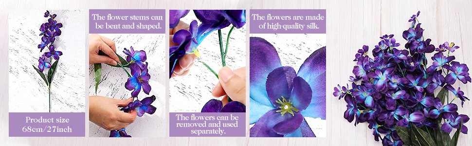 Artificial orchid stems in blue-purple, showing product size, bendable stems, removable flowers, and silk material.