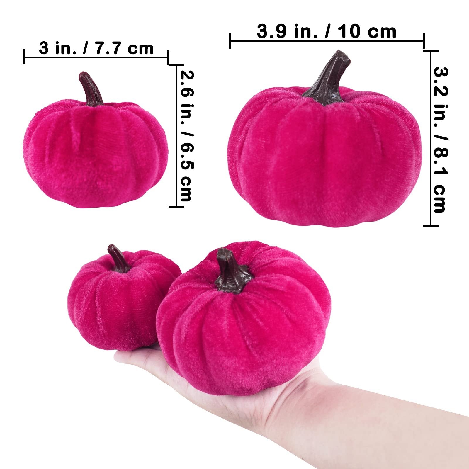 Three assorted pink velvet pumpkins shown with dimension callouts and one held in a hand.