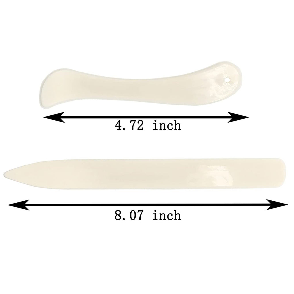 Two bone folders for bookbinding, one curved and one pointed, with size indicators.