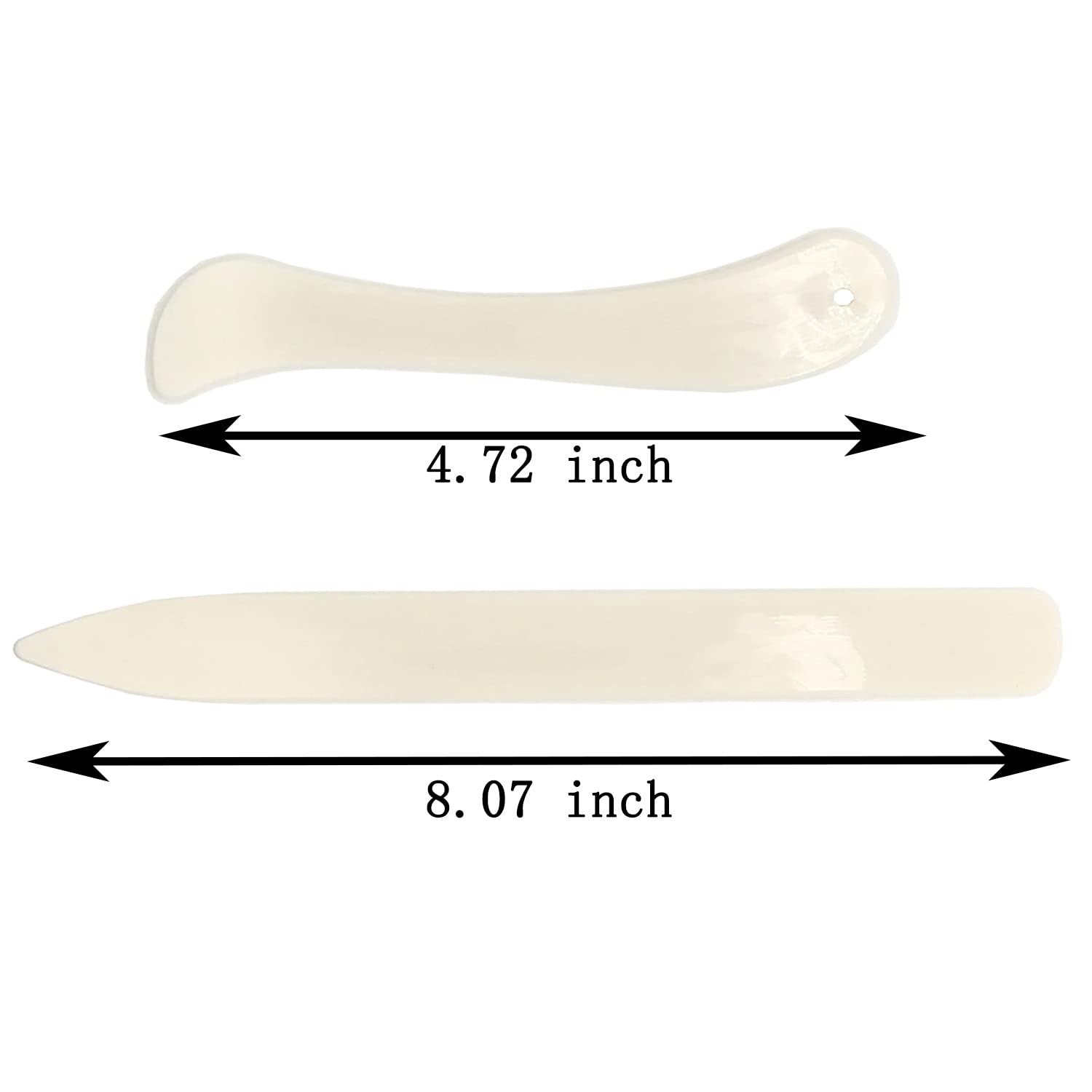 Two bone folders for bookbinding, one curved and one pointed, with size indicators.