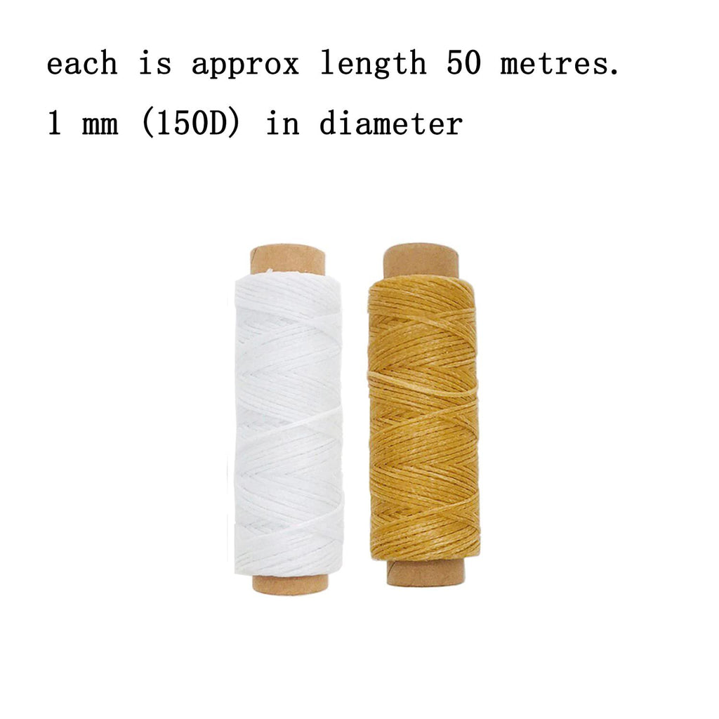 Two spools of waxed thread, one white and one tan, on white background.