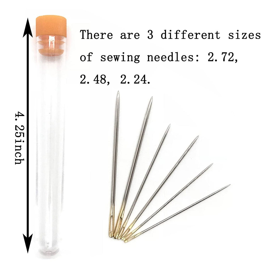 Clear plastic tube with orange cap next to a fan of sewing needles, with text indicating needle sizes and tube length.