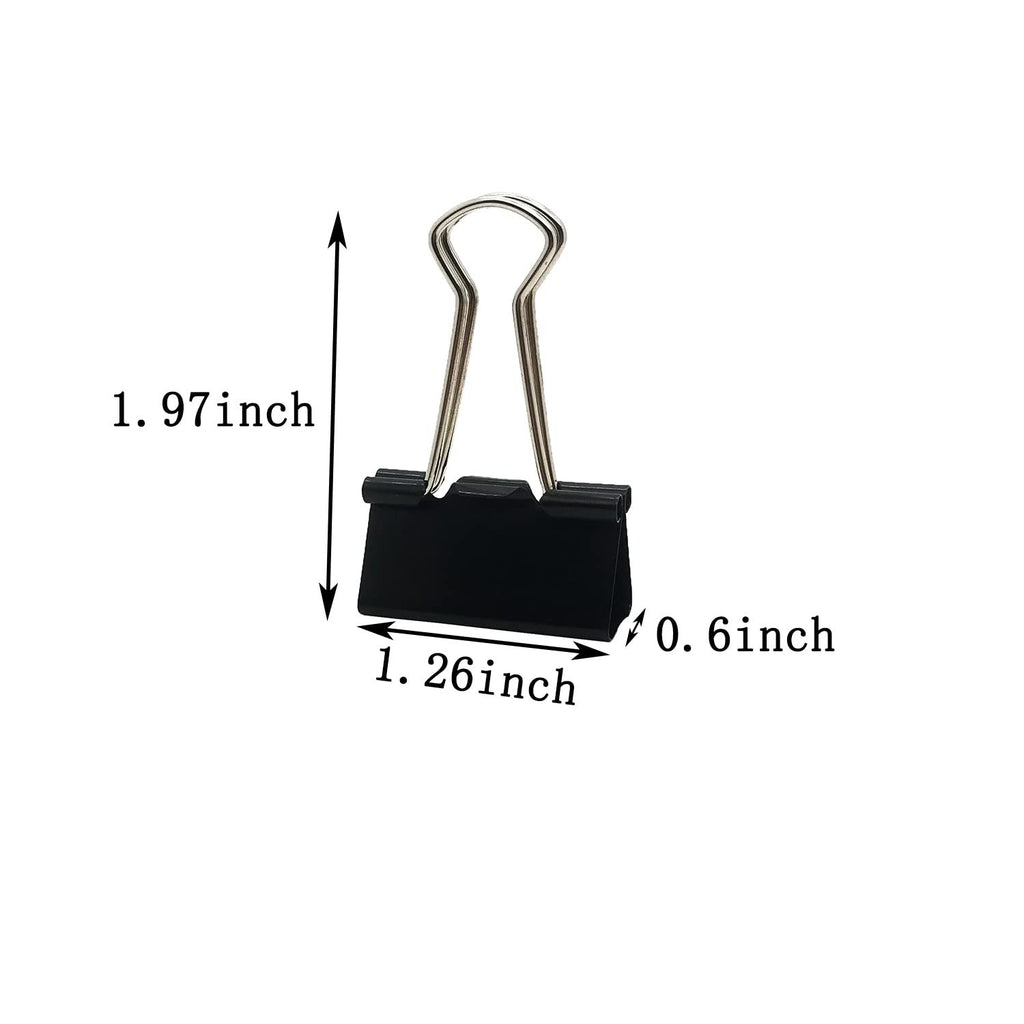 Black binder clip shown with dimensions 1.97 inches tall, 1.26 inches wide, and 0.6 inches deep.
