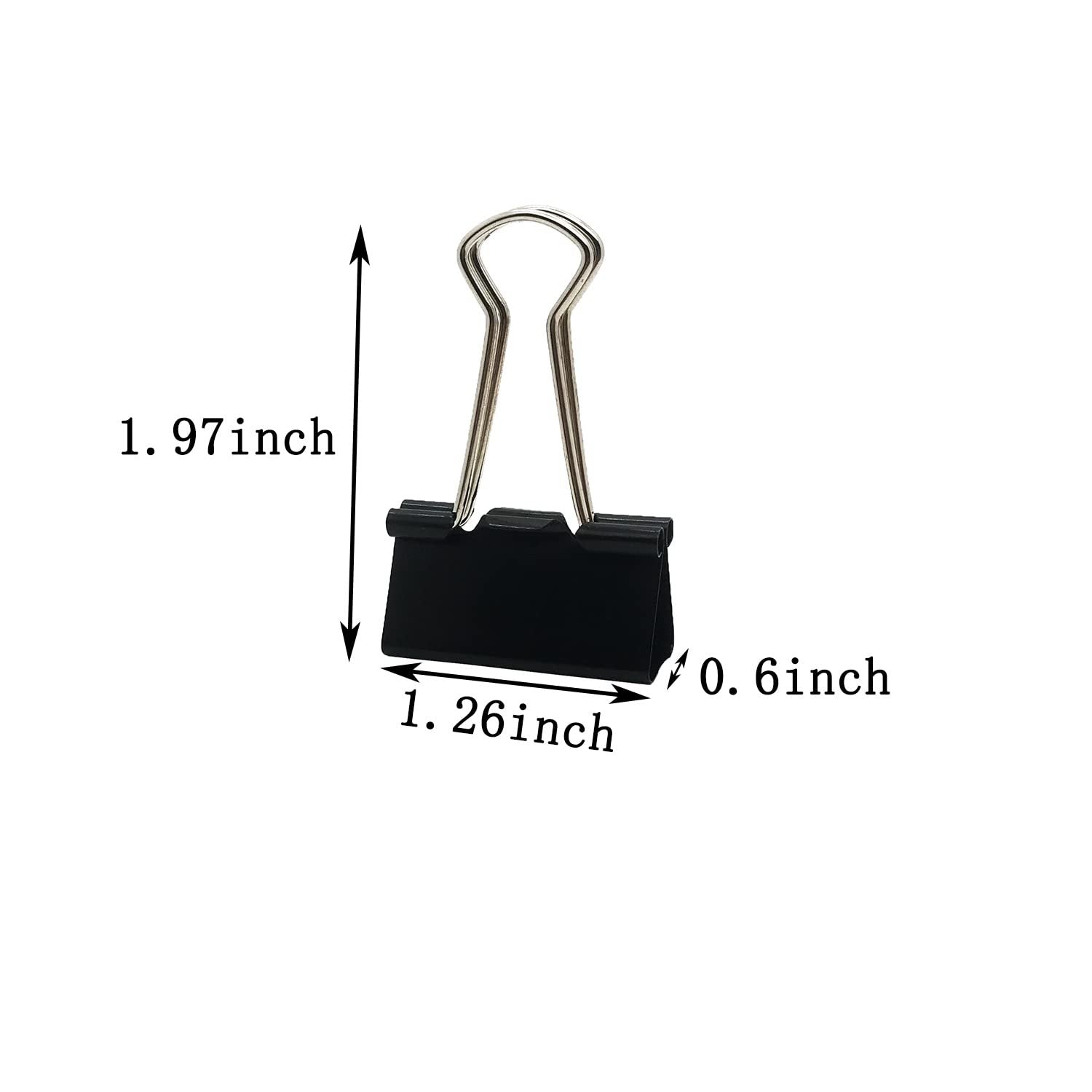 Black binder clip shown with dimensions 1.97 inches tall, 1.26 inches wide, and 0.6 inches deep.