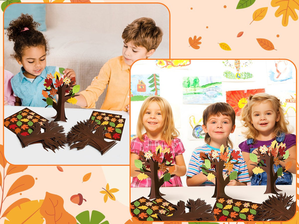 Children crafting thankful trees with autumn leaves and tree trunk cards, smiling at the camera.