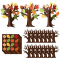 Fall thankful trees craft kit components including assembled trees, leaf cards, and tree trunk cards.