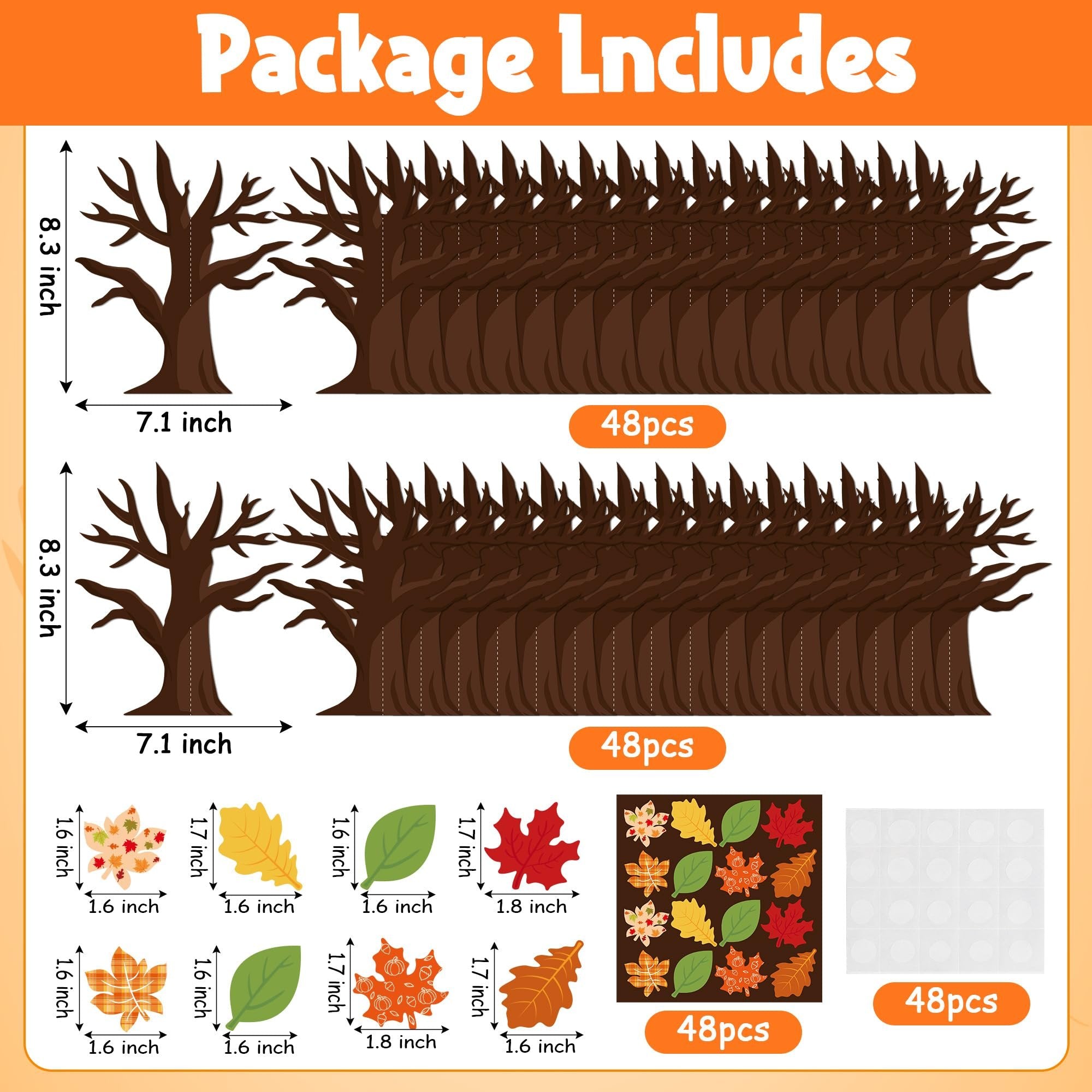 Fall thankful trees craft kit contents showing tree trunks, autumn leaves, and glue dots with dimensions and quantities.