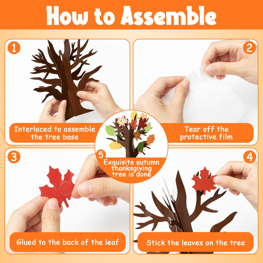 Craft kit assembly instructions showing how to build a thankful tree with leaves.