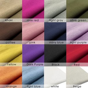 Color swatches of 16 linen blend embroidery fabric squares, each labeled with its color name.