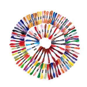Circular arrangement of 100 skeins of embroidery floss in various colors on a white background.