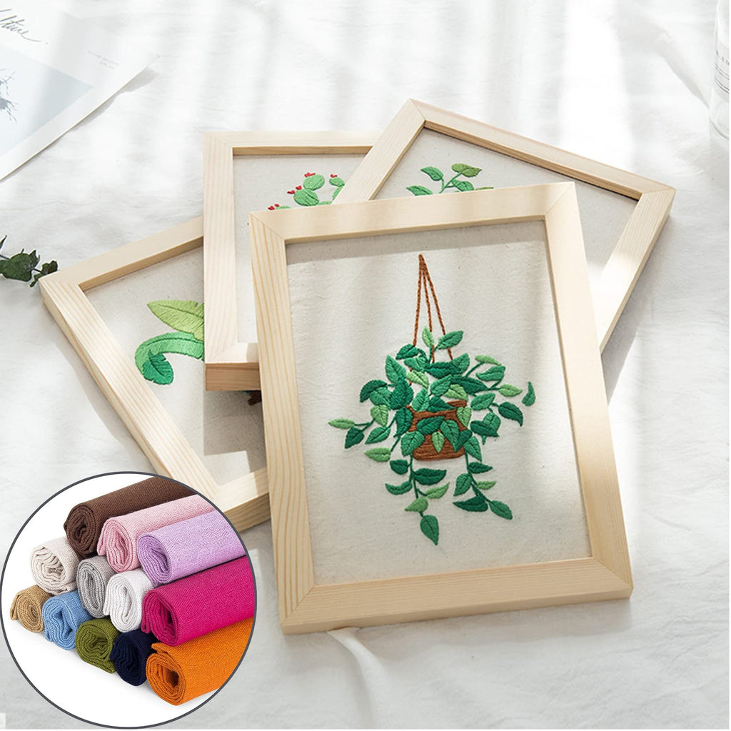 Embroidery frames with plant designs and a circular inset showing rolled fabric swatches in various colors.