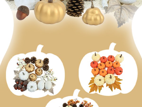 Assortment of artificial pumpkins, acorns, pinecones, and fall leaves arranged in decorative displays.