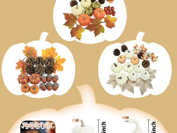 Assortment of mini artificial pumpkins, pinecones, acorns, and fall leaves arranged in decorative clusters within pumpkin outlines.