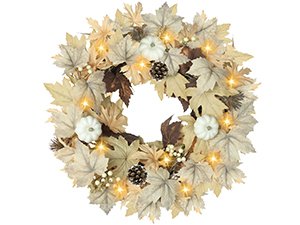 Autumn wreath with artificial pumpkins, fall leaves, pinecones, berries, and warm LED lights.