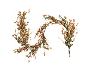 Autumnal garland with small orange and yellow berries and green leaves, on a white background.