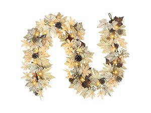 Autumn garland with artificial maple leaves, pinecones, and LED lights, on a white background.