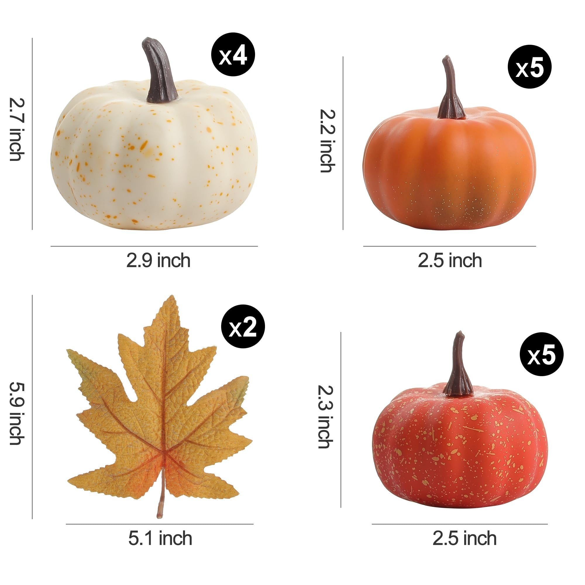 Four artificial pumpkins and one fall leaf with dimensions and quantity callouts