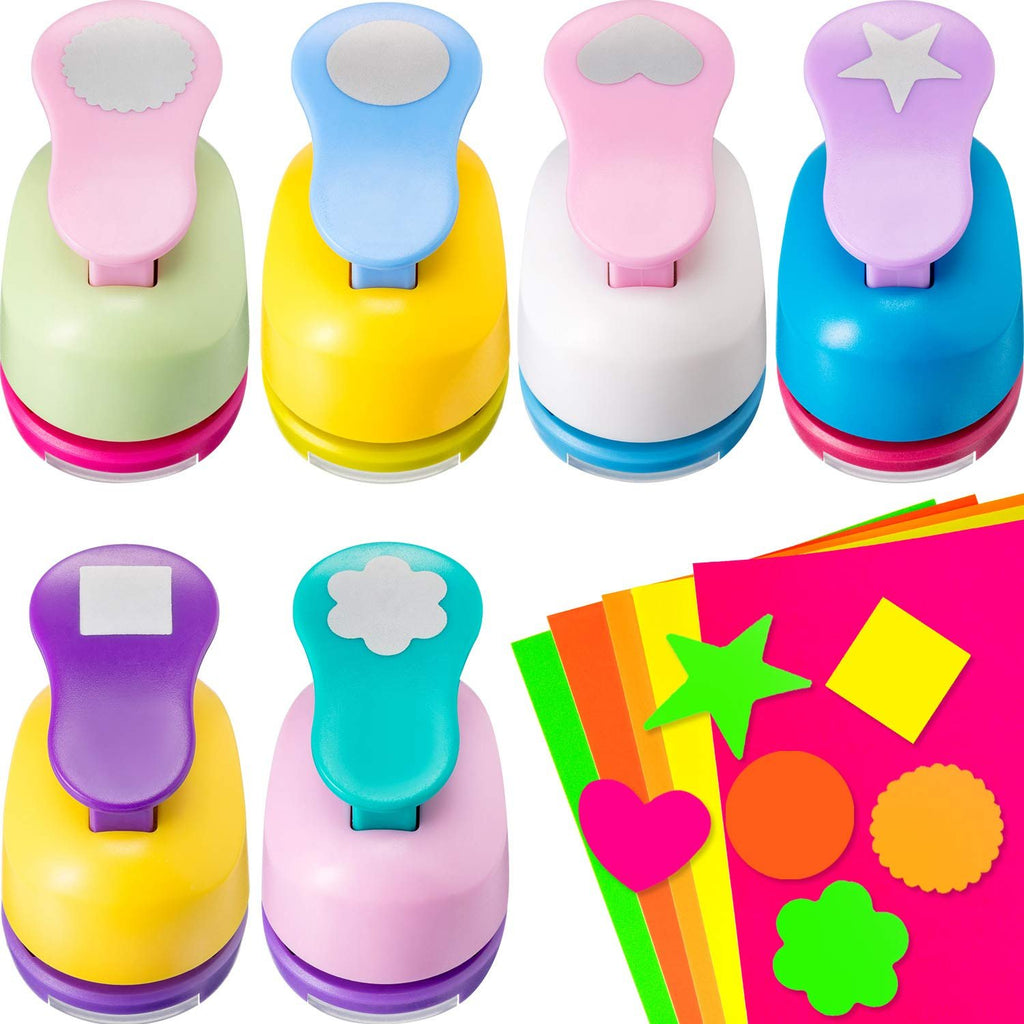 Set of six craft hole punchers with different shapes and colorful cardstock sheets
