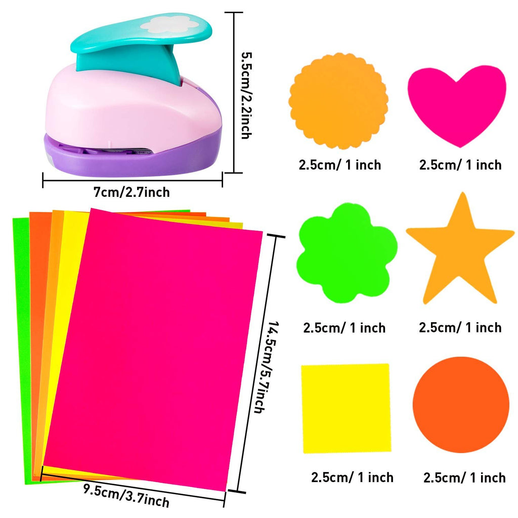 Craft hole puncher with stack of colorful cardstock sheets and punched-out shapes, showing dimensions.
